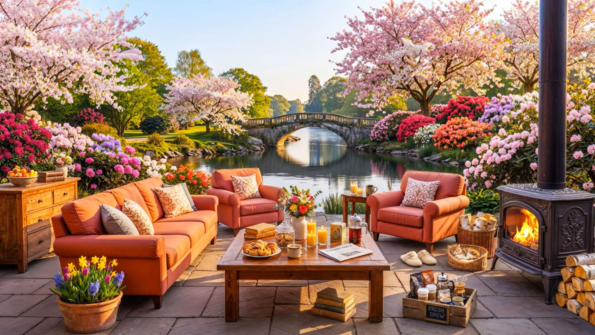 Весенний сад у реки с камином и мягким джазом для отдыха 🌸🔥