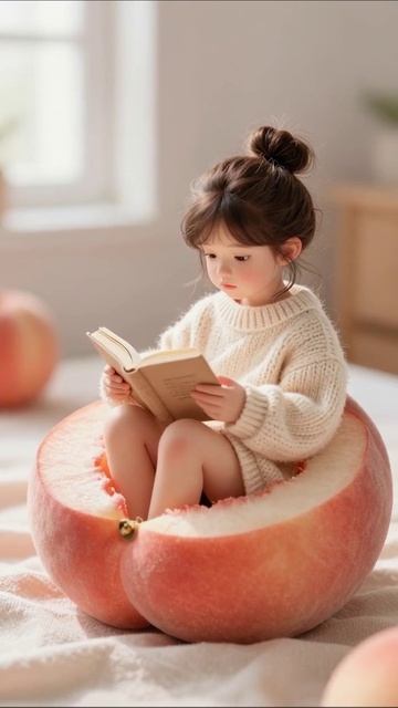 Девочка, читающая книгу в яблоке #дети #книги #фантазия