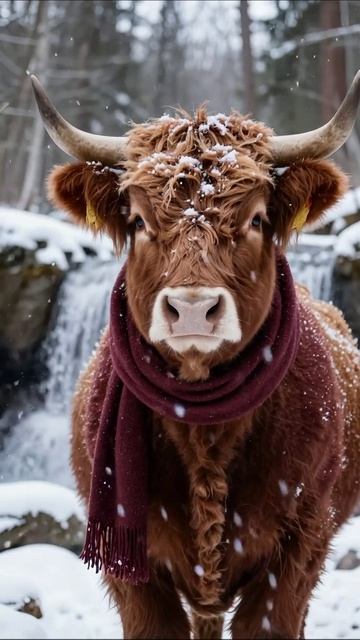 Зимние приключения коровы с шарфом #корова #зима #приключения