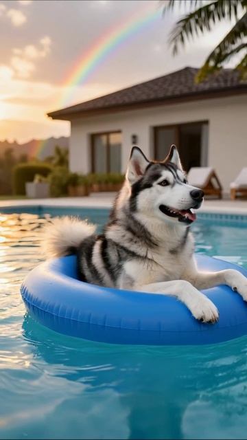 Собака-алaskan маламут на пляже с радугой #собака #плавание #радужноеНебо