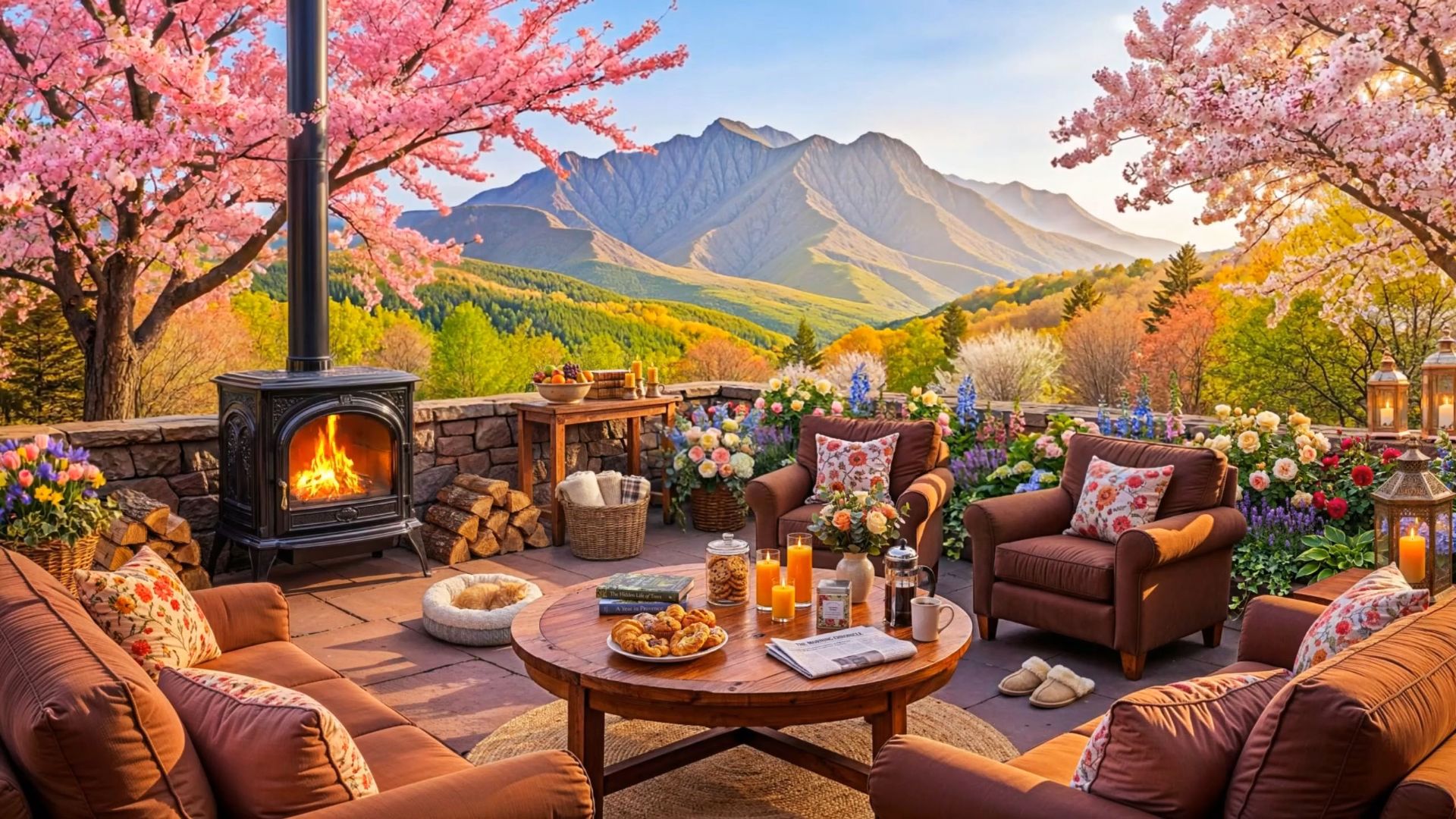 Весенняя терраса с камином и мягким джазом у гор для отдыха 🌸🔥