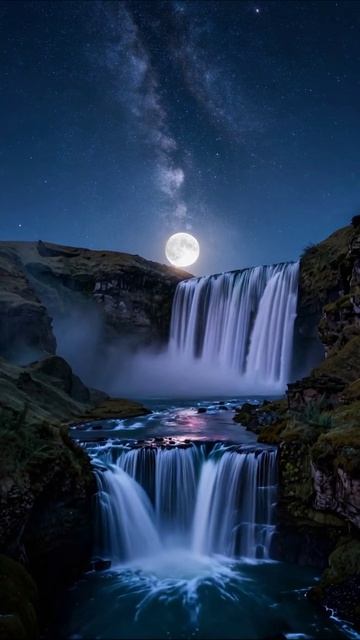 Светящийся водопад под полной луной #природа #водопад #ночноенебо
