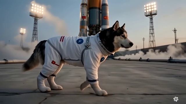 Realistic Siberian husky wearing a white cosmonaut spacesuit