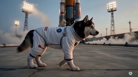 Realistic Siberian husky wearing a white cosmonaut spacesuit