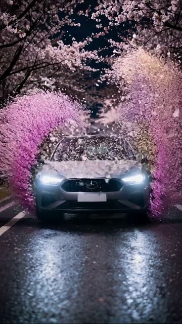 Сияние ночи: Mercedes под цветущими деревьями #автомобили #ночноепутешествие #пейзажи