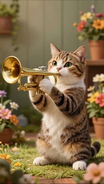 Музыкальный кот с трубой: забавные моменты! #кошки #музыка #веселье