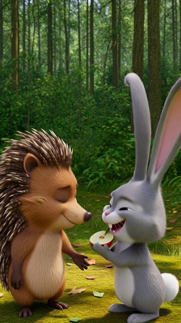 ёжик угащяет зайчика яблоком