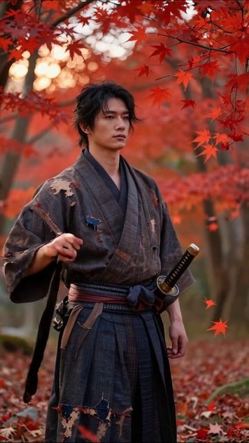 Самурай среди осенних листьев #самурай #осень #япония