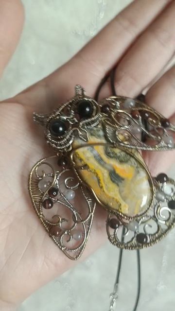 кулон сова филин со шмелиной яшмой #украшение #кулон #сова #совы #птицы #wirewrap #филин