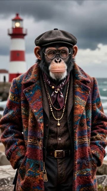 Модный шимпанзе у маяка #мода #животные #юмор
