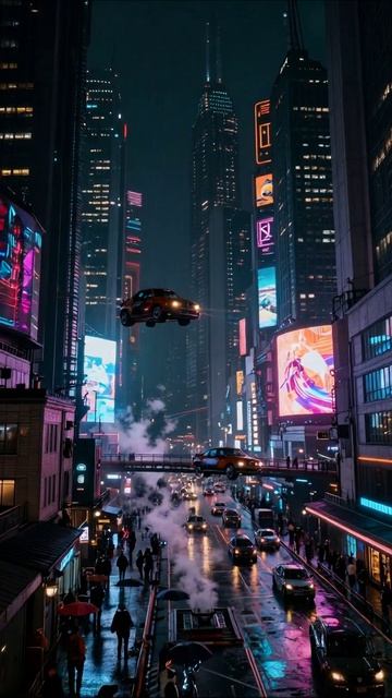 Ночной город: футуристические авто и неоновые огни #город #футуризм #неон