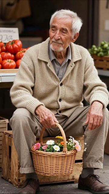 Дедушка на рынке с корзиной цветов #дедушка #рынок #цветы