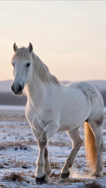Белоснежная красавица: лошадь в зимнем пейзаже #лошадь #зима #природа