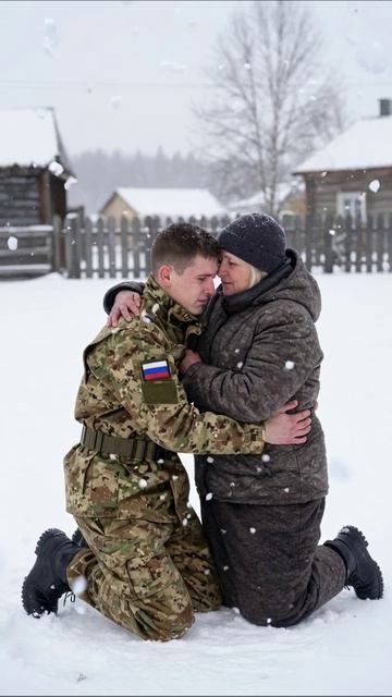 Встреча в снегу: любовь матери и сына #семья #снег #долг