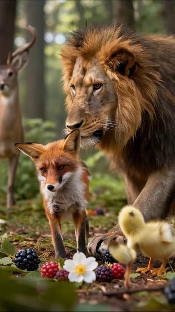 Друзья леса: лиса, олень и лев в кругу ягод #друзья #природа #животные