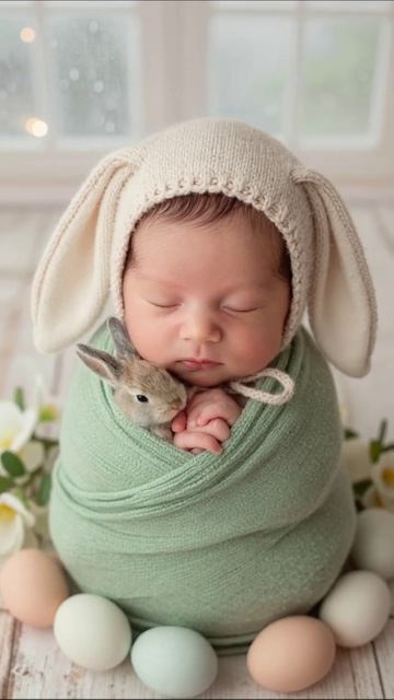 Милый малыш с кроликом: нежные моменты #новорожденный #кролик #семья