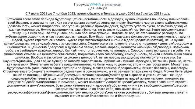 Тельцы. Переход Урана в Близнецы. (кратко)