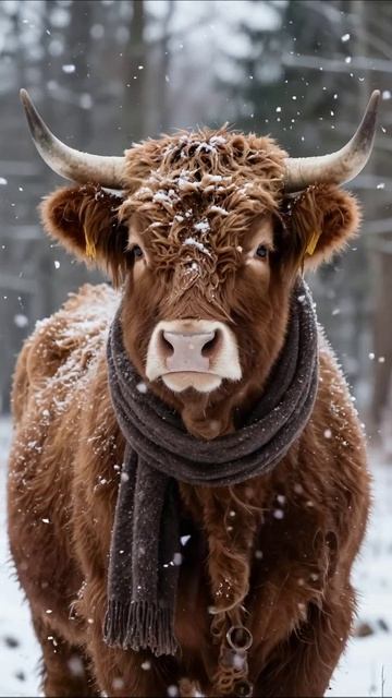 Снег на шейке: стильная коровка в шарфе #коровы #зима #мода