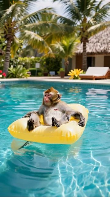 Обезьяна на надувном матрасе в бассейне #приколы #животные #отпуск