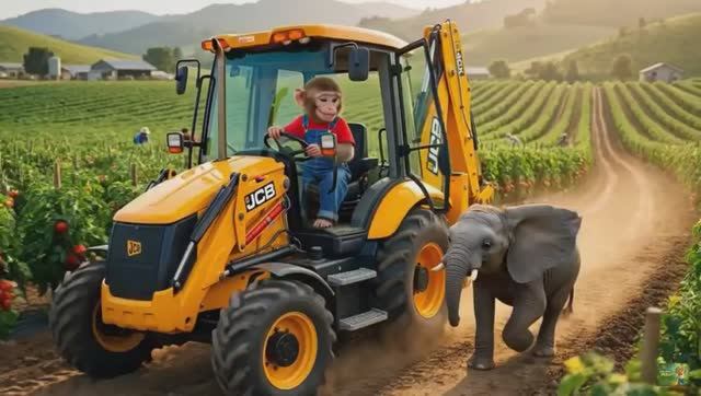 Обезьянка Сиси ездит на тракторе JCB собирать помидоры и спасает бедного слоненка
