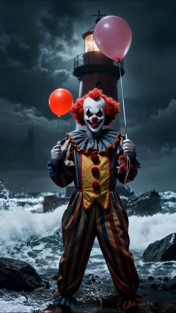 Клоун на фоне маяка: волшебство и страх #клоун #ужасы #маяк