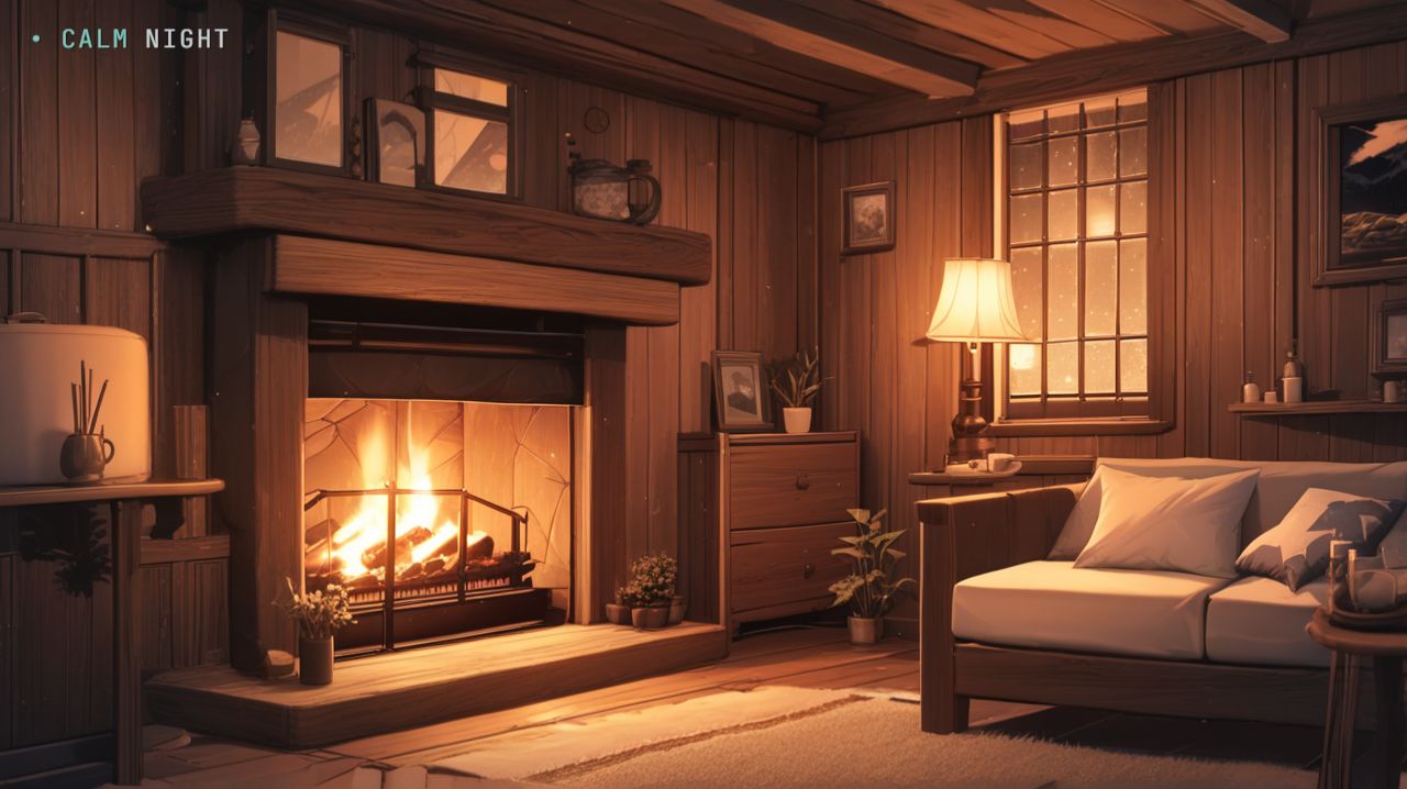 Камин в деревянном доме — уютная анимация для сна