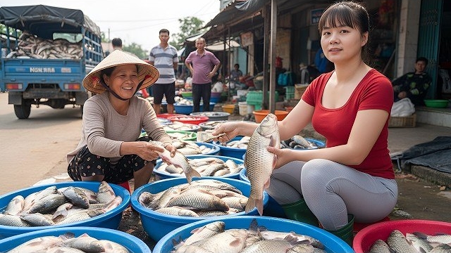 Покупаю много карпа на рыбном хозяйстве и везу на грузовике продавать. Фуонг. Вьетнам