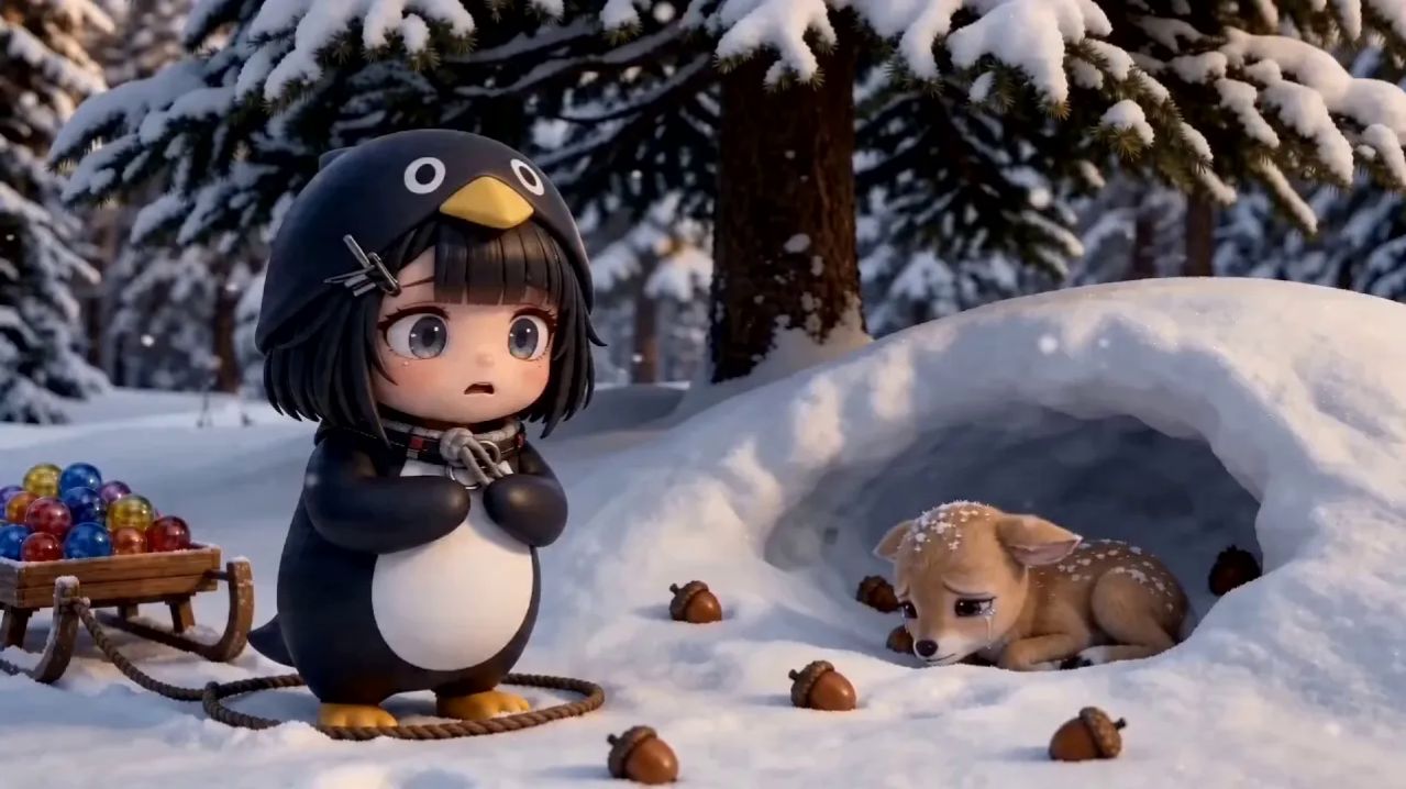 Маленький пингвин спасает детеныша Северного оленя! 🦌❄️ Уютный зимний камин