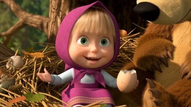 Маша и Медведь сидят в гнезде на дереве