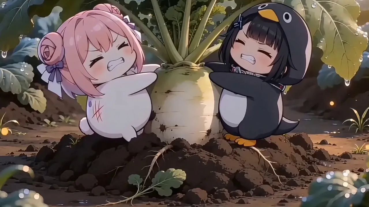 Маленький пингвиненок и Доро вместе собирают гигантскую морковку