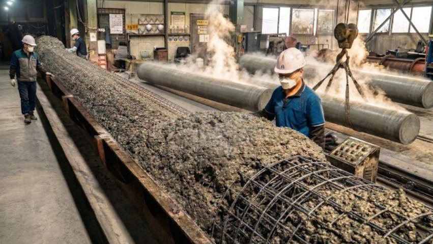 Как в Корее роизводят бетонные сваи, которые забивают в землю.