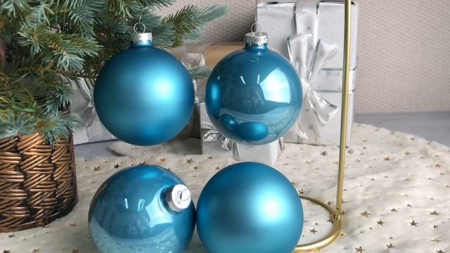 Набор стеклянных шаров матовых и эмалевых, цвет: голубая карамель, 100 мм, 4 шт., 141651