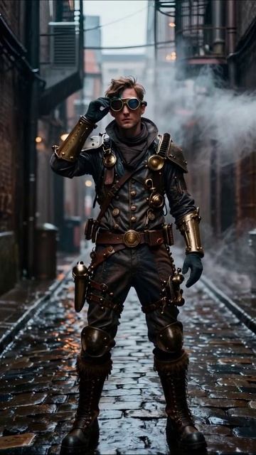 Парень в стимпанковском костюме на дождливой улице #стимпанк #мода #костюм