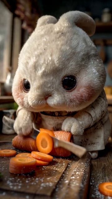 кролик режет морковку