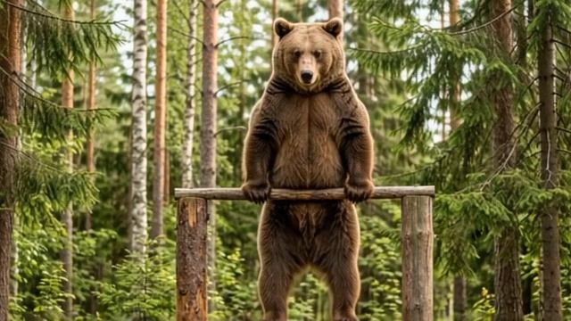 Медведь в лесу подтягивается на турнике