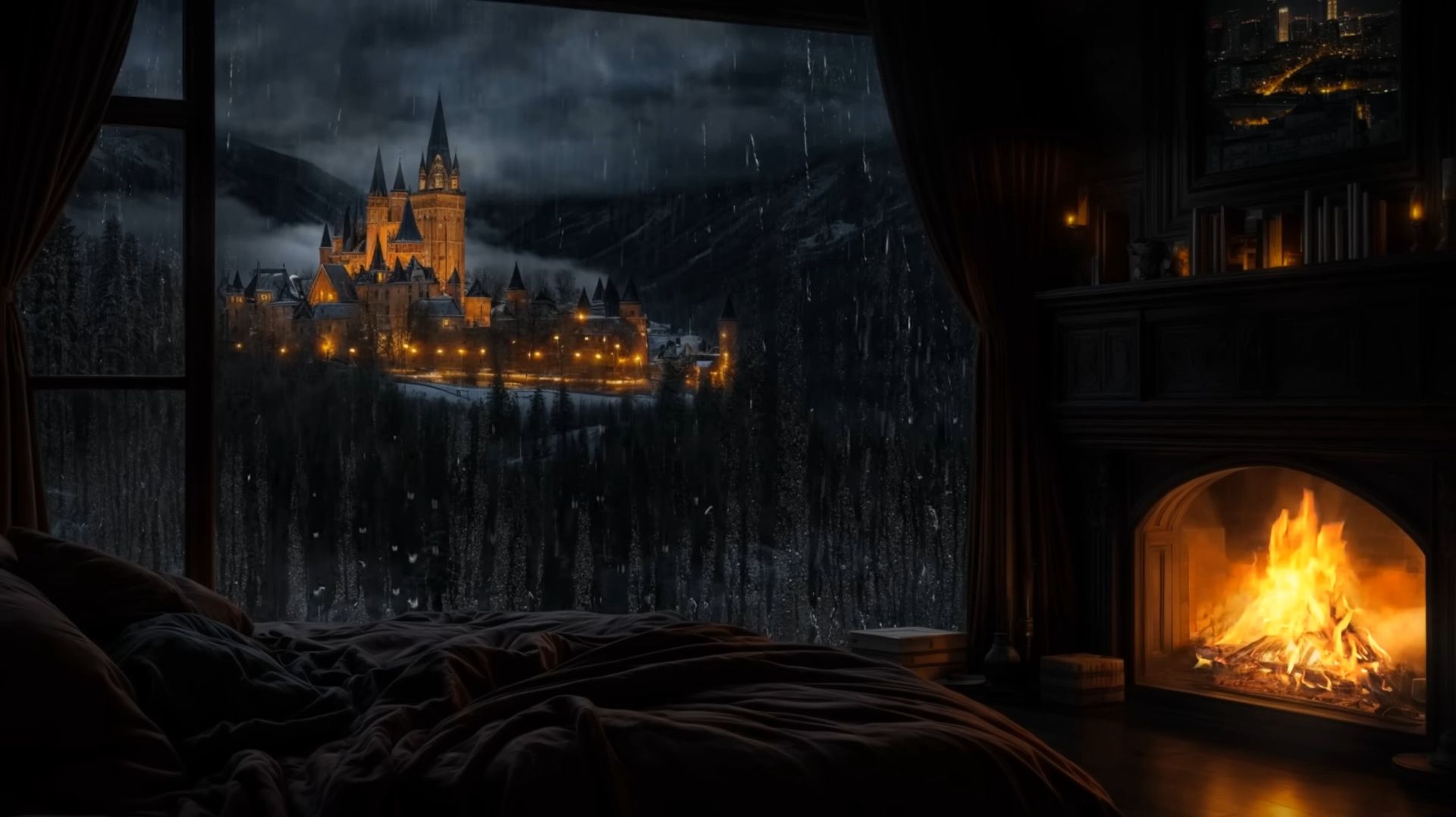 Ночной Дождь у Замка и Тёплый Камин | Атмосфера для Сна, Отдыха и Уюта