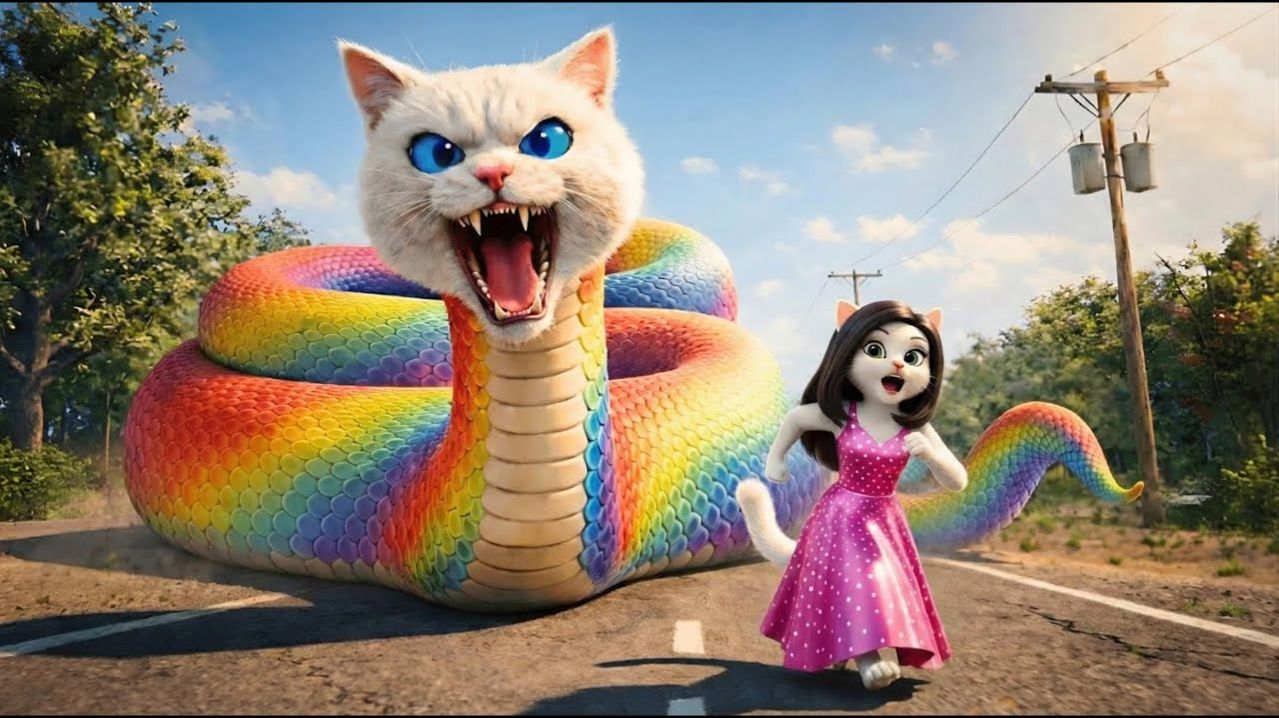 🌈🐍 Спящий котёнок проглатывает радужную змею 😱 | Шокирующая история от нейросети