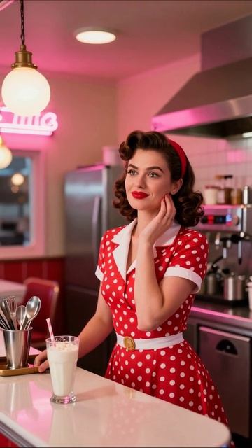Очарование ретро: девушка у стойки кафе #ретро #кафе #мода