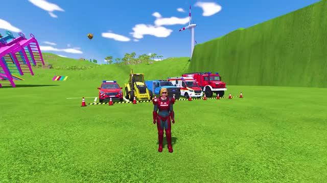 Полицейская машина пожарная машина и скорая помощь перевозят людей грузовик - синий трактор