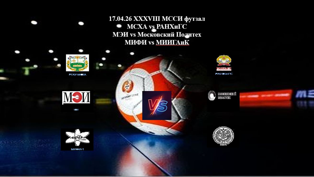 17.04.26 XXXVIII МССИ футзал МСХА Vs РАНХиГС МЭИ Vs Московский Политех МИФИ Vs МИИГАиК