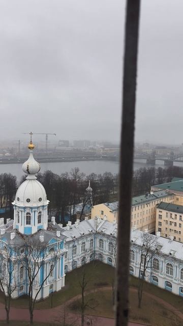 Вид со смотровой площадки Смольного собора на Неве и на Большеохтинском мост .