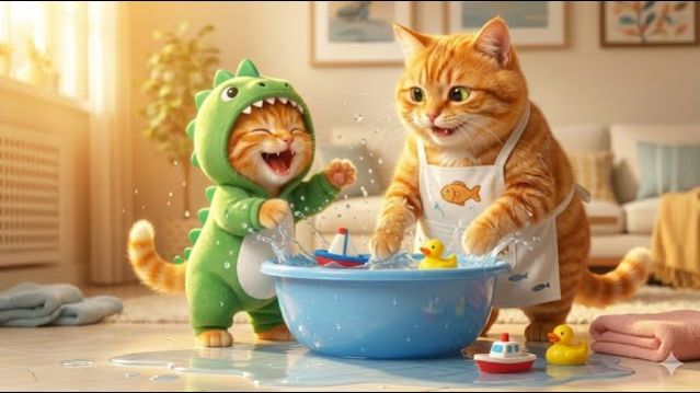 Кошачья история  Мама-кошка и котёнок: Рыжик и катастрофа в мокром деревянном домике