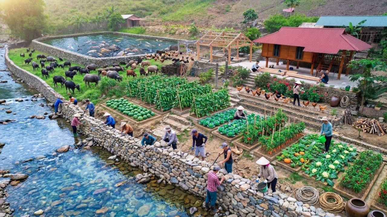 Каменная стена деревянный дом и огород  полное строительство.Жизнь вне цивилизации во Вьетнаме.