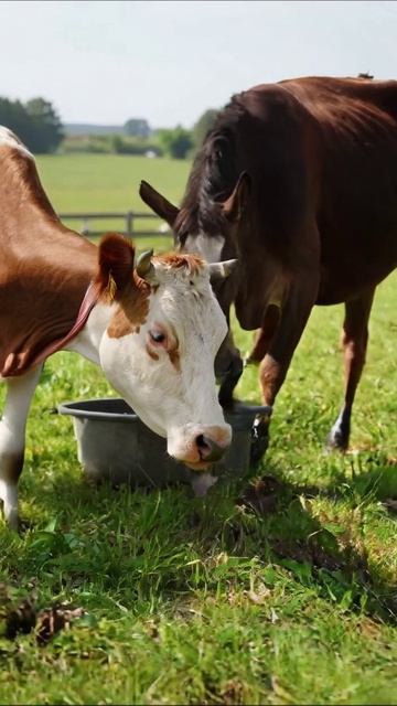 Корова и лошадь на пастбище: мирное соседство животные ферма природа