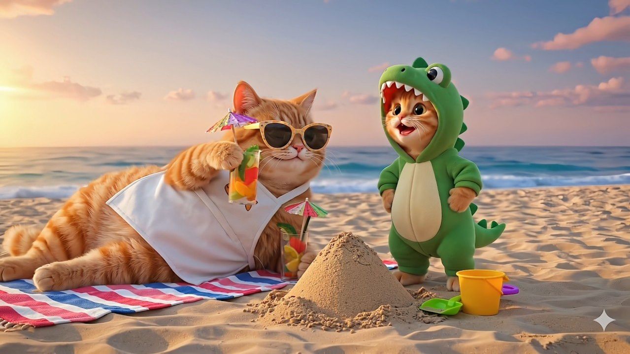 Кошачья история | Первый день рыжего котёнка на пляже вместе с мамой-кошкой