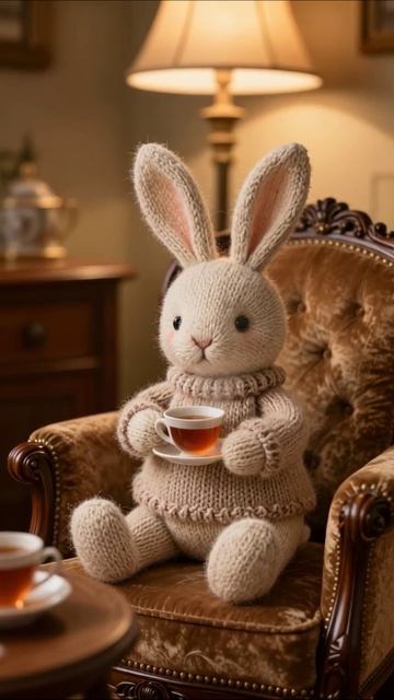 Милая кроличиха на чаепитии кролик уют вязаныеигрушки