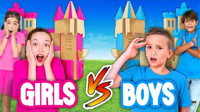 Мальчики против девочек строят самый большой замок из коробок!