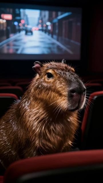 Капибара в кинотеатре: веселая ночь с друзьями #животные #капибара #кино