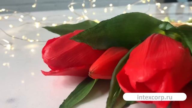 Искусственный букет ТЮЛЬПАНЫ ＂НЕЖНОСТЬ ВЕСНЫ＂, силикон, красный, 28 см (букет – 5 шт.), 216003-40-1