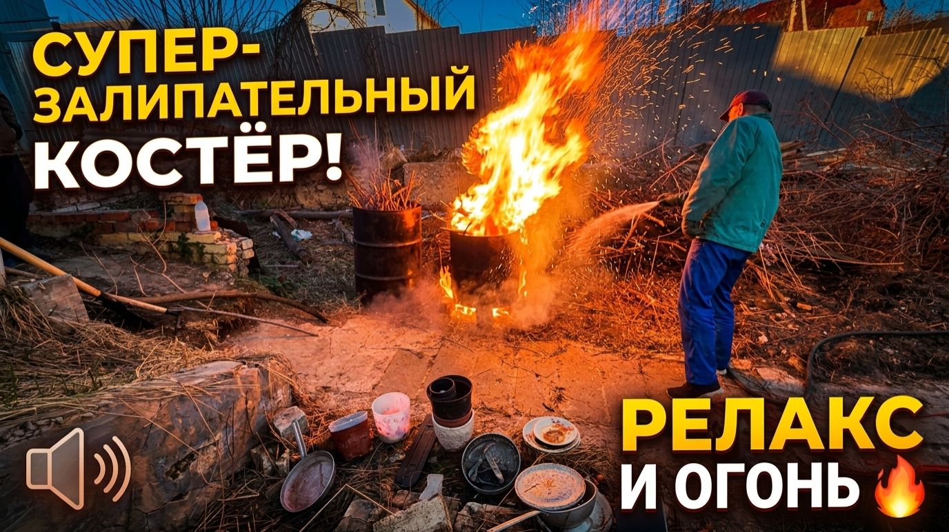 Гигантский костёр из старых веток и досок | Завораживающее пламя на 15 минут